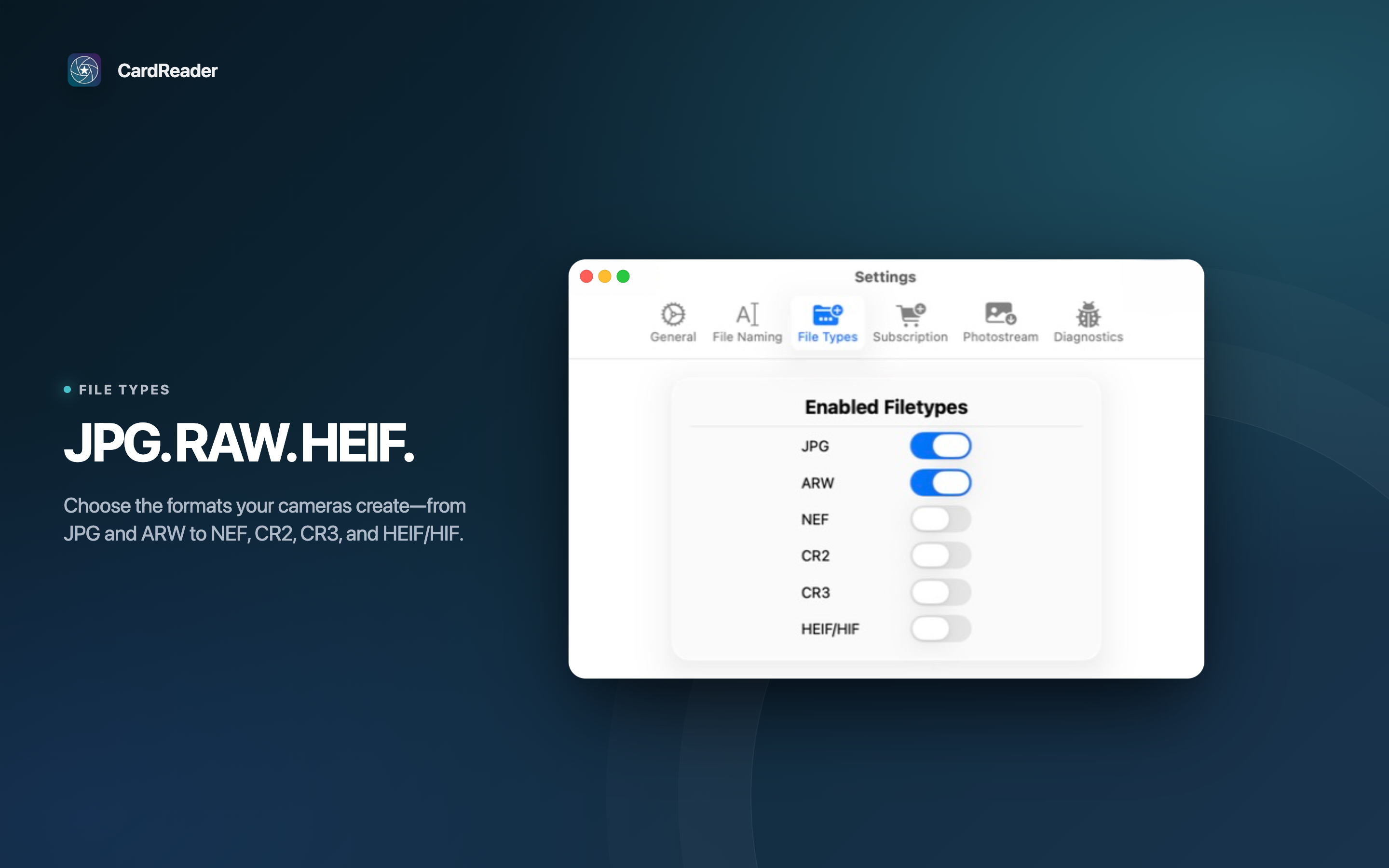 CardReader support for JPG, RAW, and HEIF file types