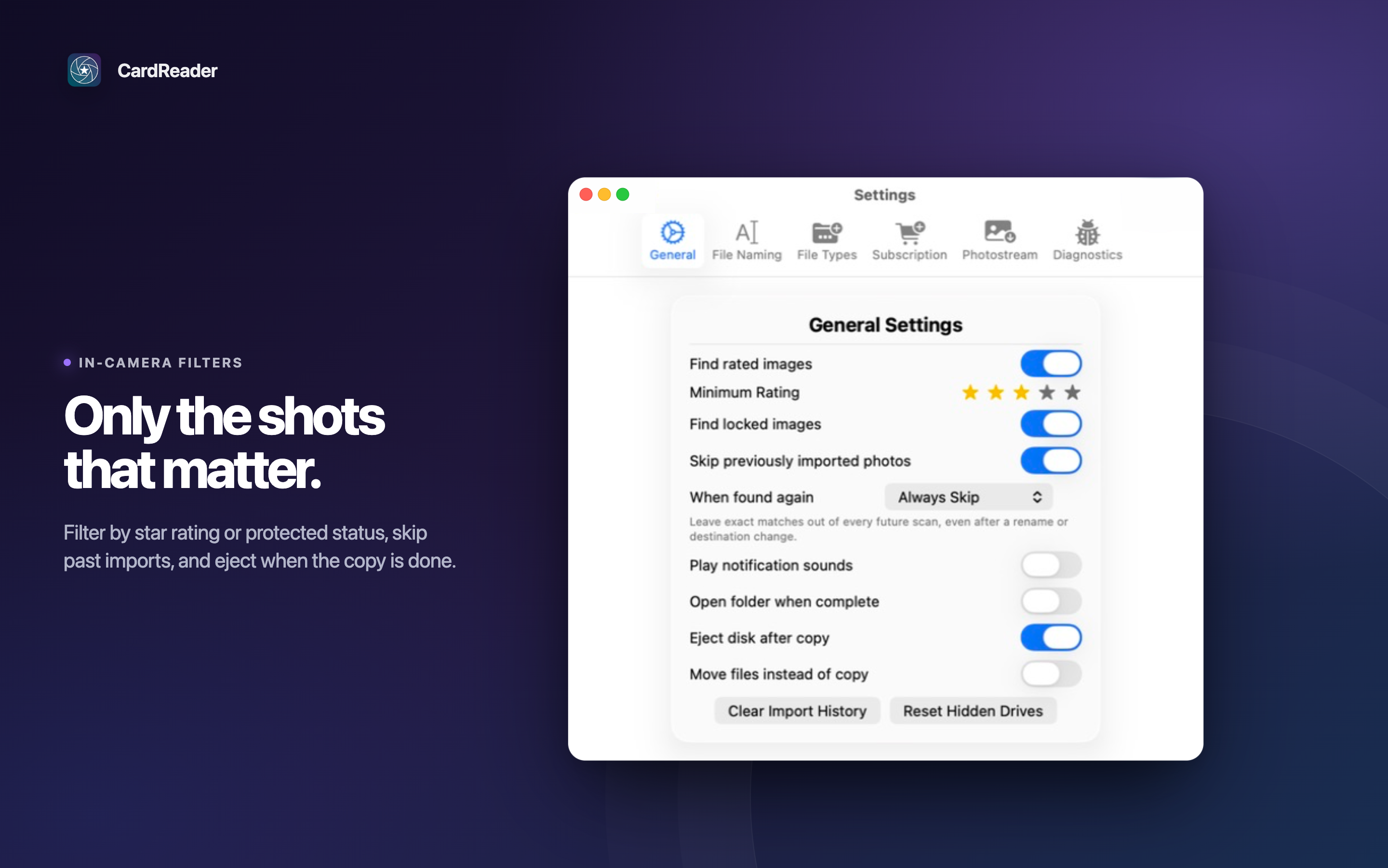 CardReader in-camera filters for rating and protected photos